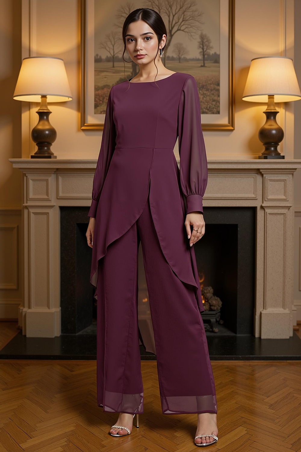 Plum Chiffon Boat Neck Floor-Length 2 Piece Mother of the Bride Pant Suits