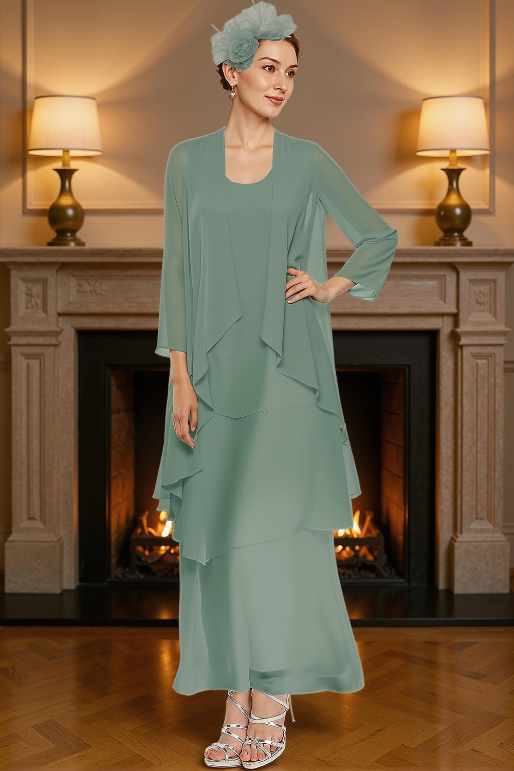 Khaki Tiered Ruffled 2 Piece Ankle-Length Mother of the Bride Dress with Jacket