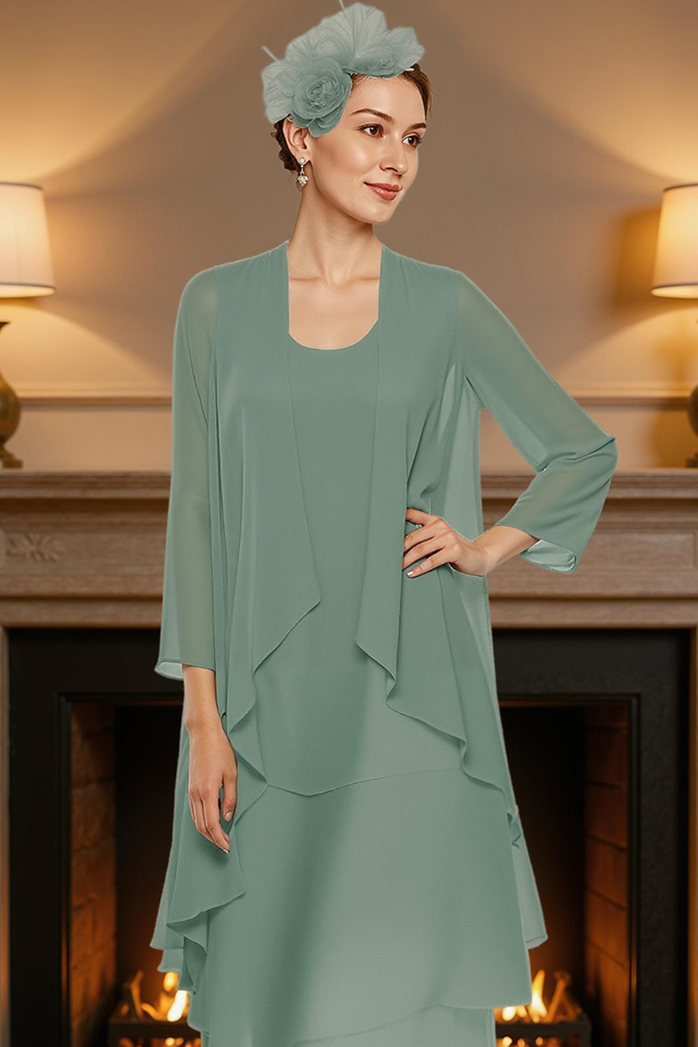 Khaki Tiered Ruffled 2 Piece Ankle-Length Mother of the Bride Dress with Jacket