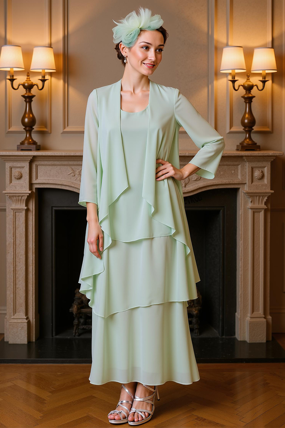 Khaki Tiered Ruffled 2 Piece Ankle-Length Mother of the Bride Dress with Jacket