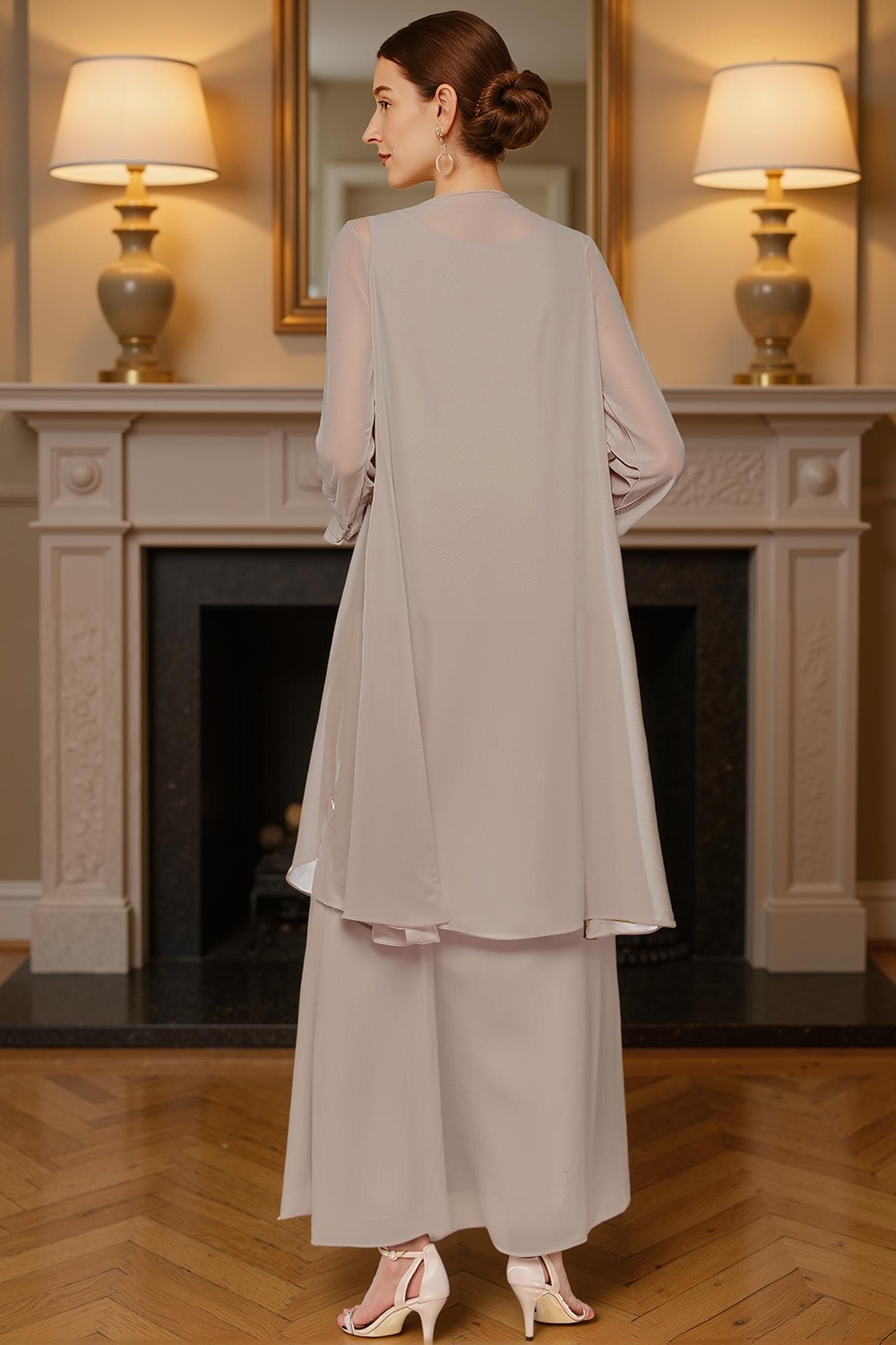 Khaki Tiered Ruffled 2 Piece Ankle-Length Mother of the Bride Dress with Jacket