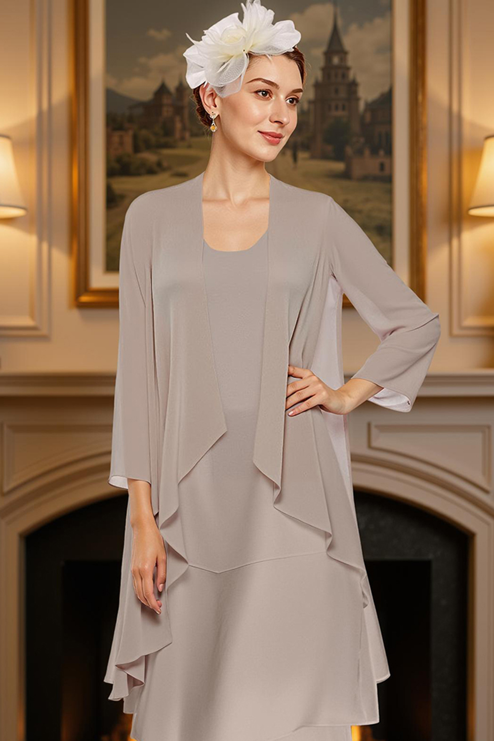 Khaki Tiered Ruffled 2 Piece Ankle-Length Mother of the Bride Dress with Jacket