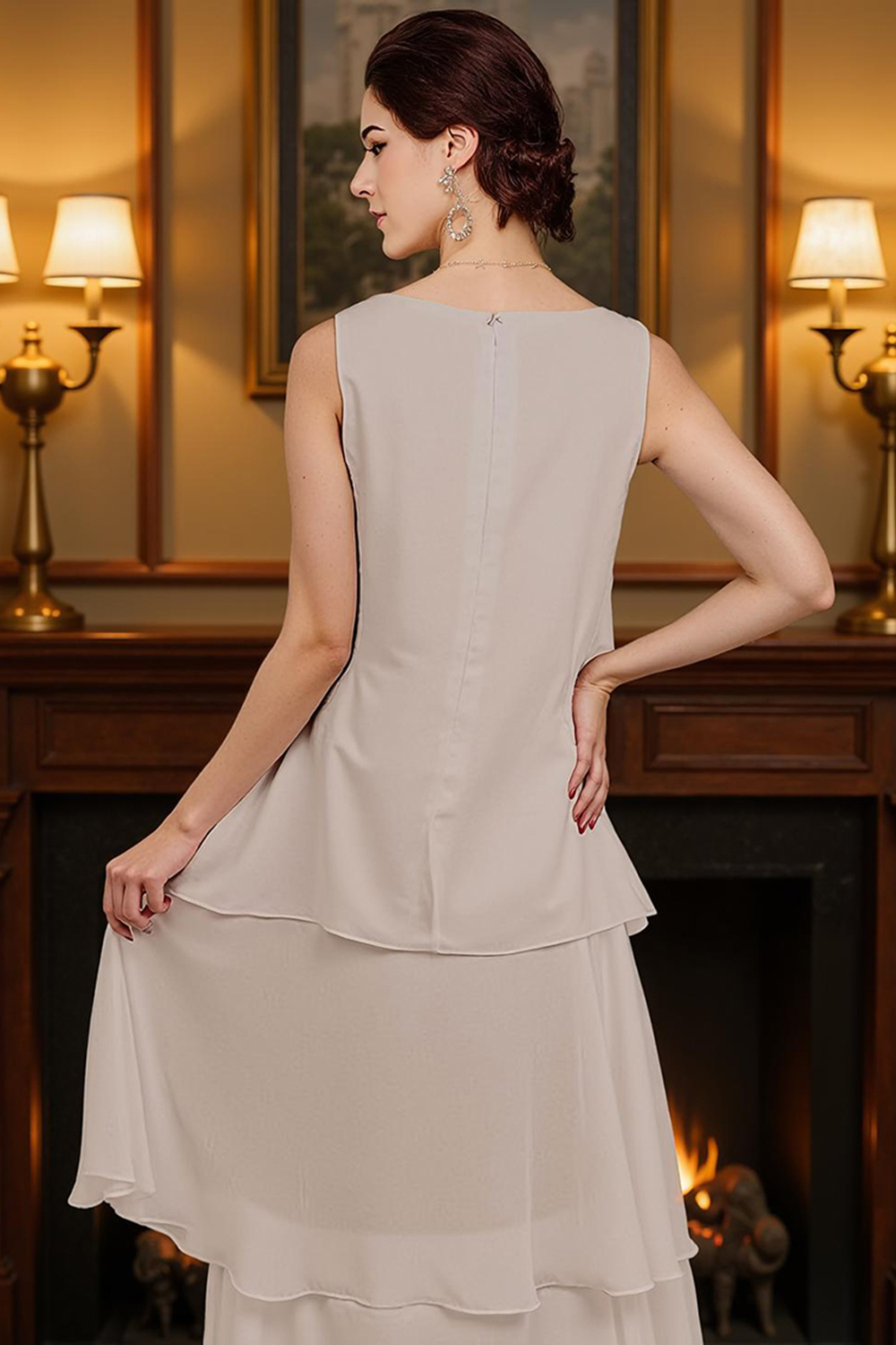 Khaki Tiered Ruffled 2 Piece Ankle-Length Mother of the Bride Dress with Jacket