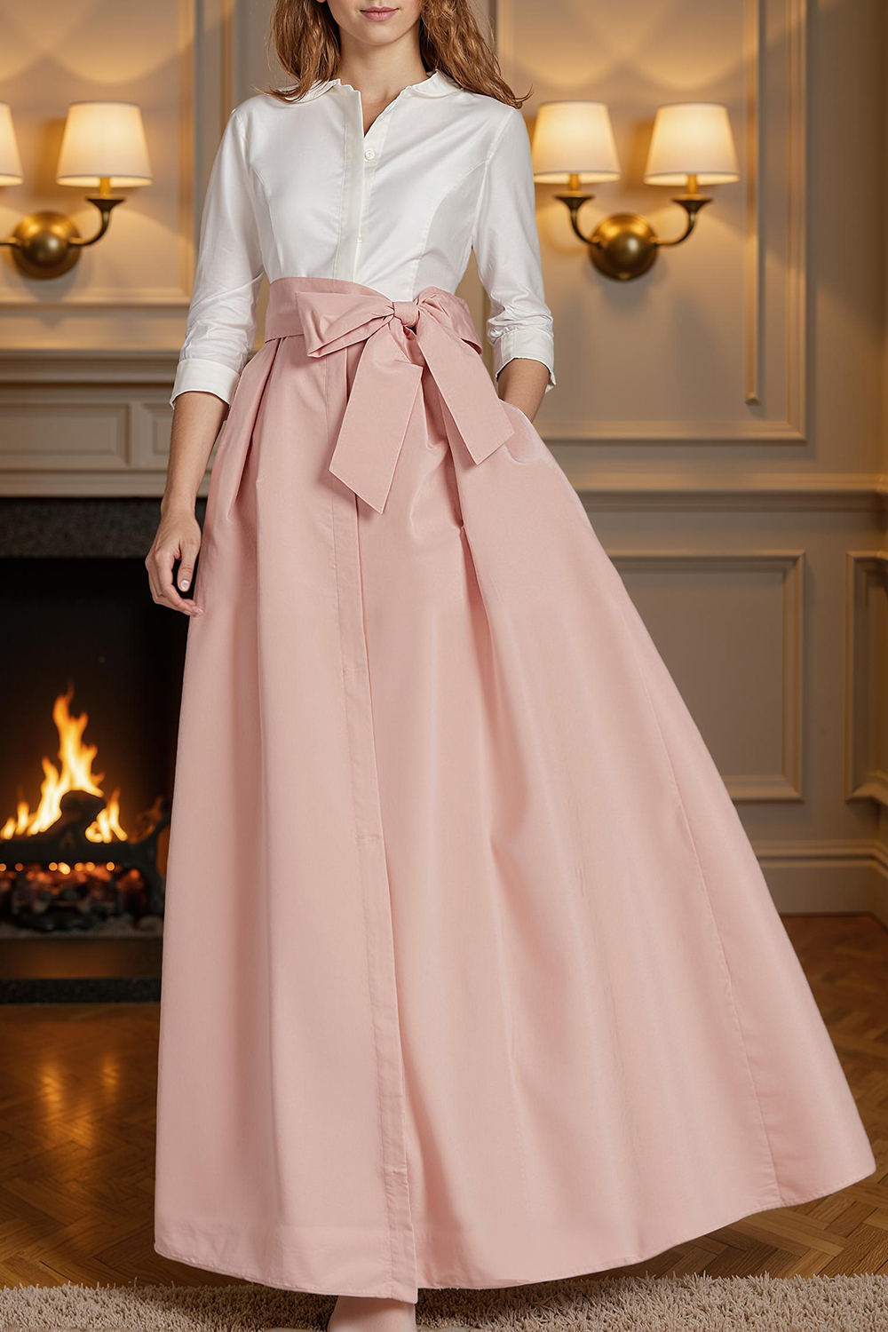 Blush Pink Satin A Line Ankle-Length Mother of the Bride Dress with Bow