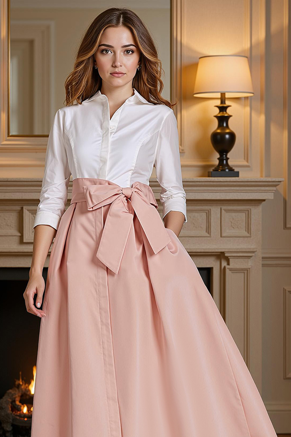 Blush Pink Satin A Line Ankle-Length Mother of the Bride Dress with Bow