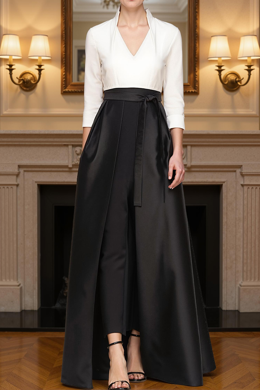 Navy V-Neck 2 Piece Floor-Length Mother of the Bride Pant Suits with Cape