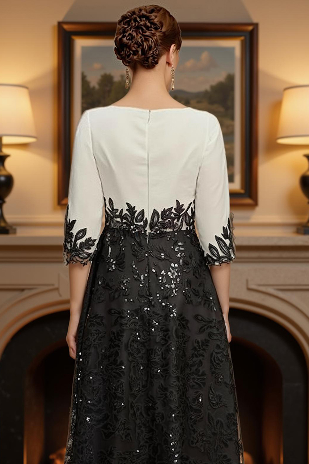 Sparkly Black Sequins A Line Tea-Length Mother of the Bride Dress with Lace