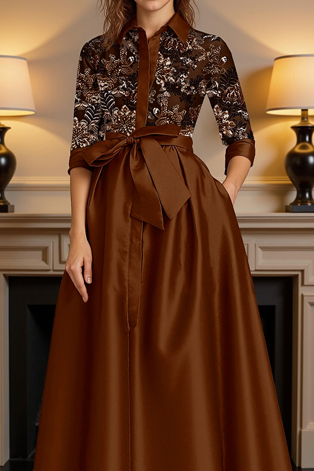 Black Satin Lapel Floor-Length Mother of the Bride Dress with Embroidery