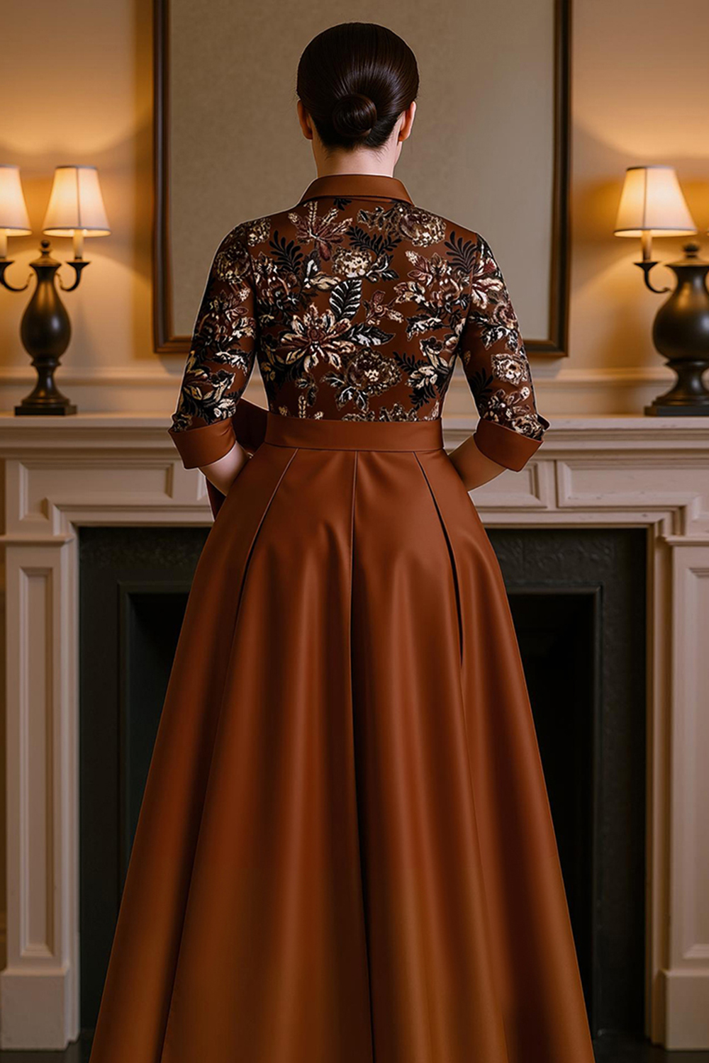 Black Satin Lapel Floor-Length Mother of the Bride Dress with Embroidery