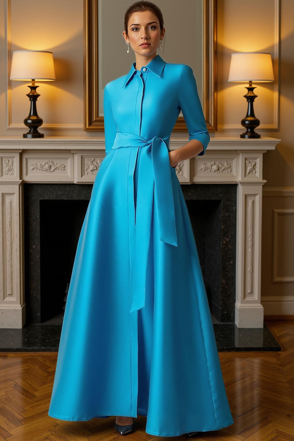Blue A Line Lapel Floor-Length Mother of the Bride Dress with Sash