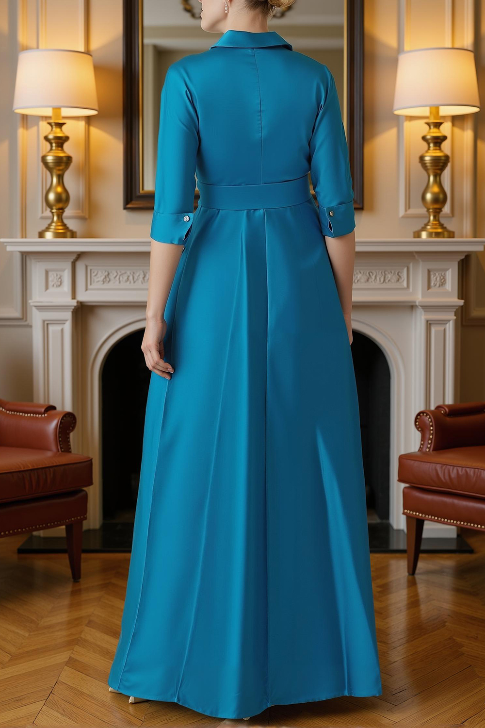 Blue A Line Lapel Floor-Length Mother of the Bride Dress with Sash