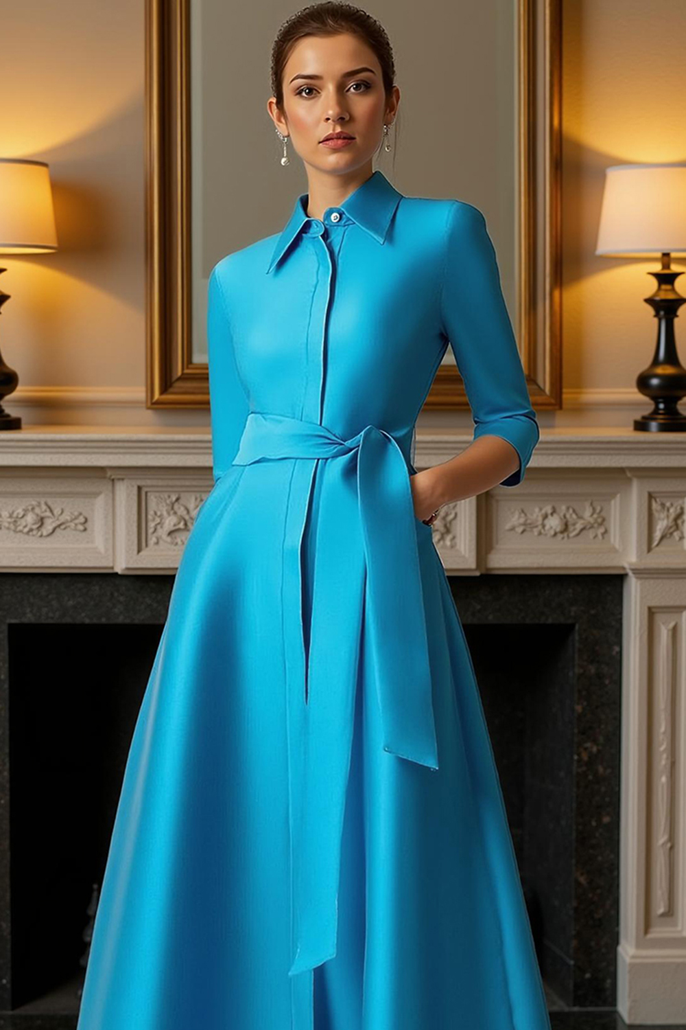Blue A Line Lapel Floor-Length Mother of the Bride Dress with Sash
