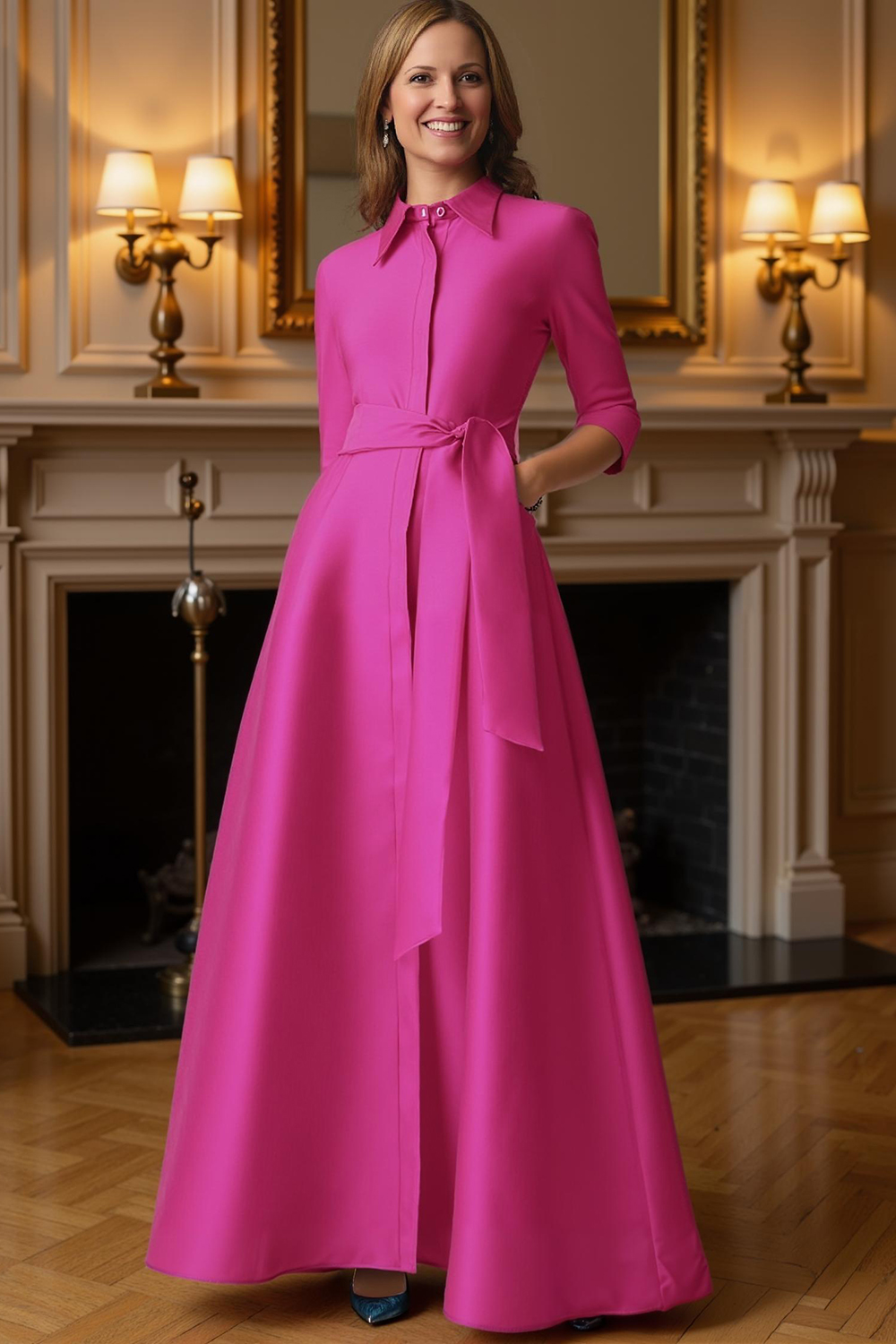 Blue A Line Lapel Floor-Length Mother of the Bride Dress with Sash