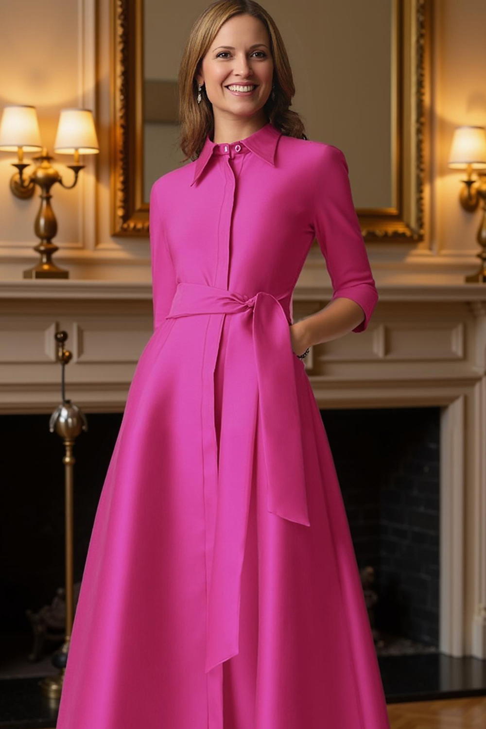 Blue A Line Lapel Floor-Length Mother of the Bride Dress with Sash