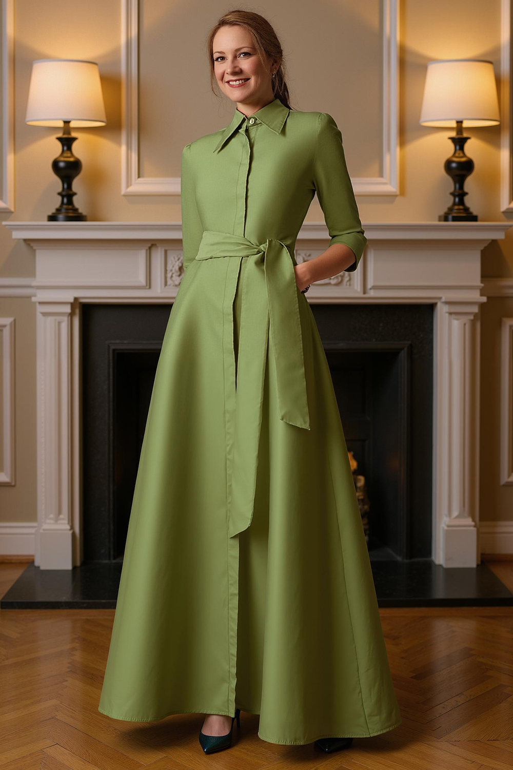 Blue A Line Lapel Floor-Length Mother of the Bride Dress with Sash