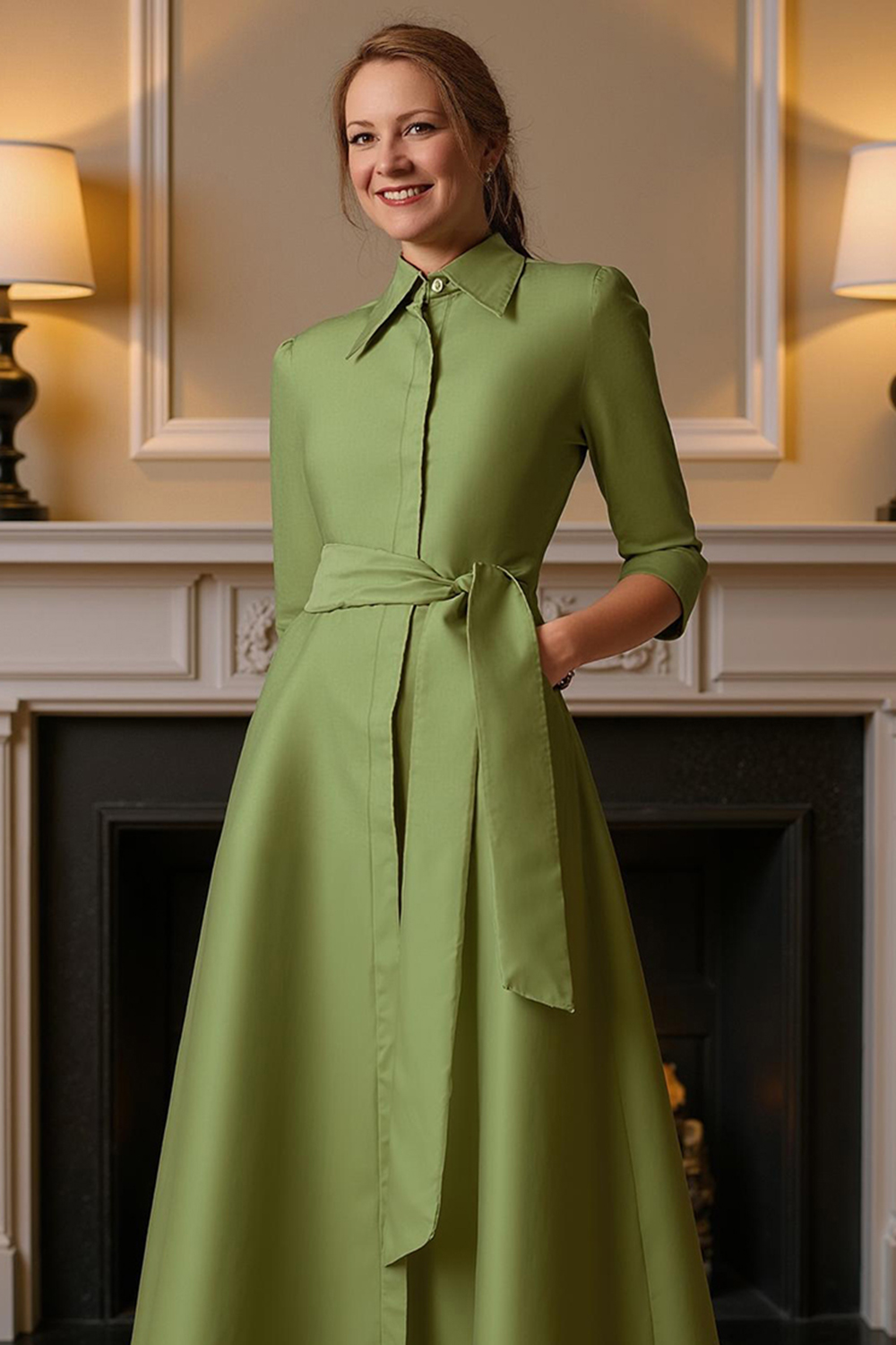 Blue A Line Lapel Floor-Length Mother of the Bride Dress with Sash