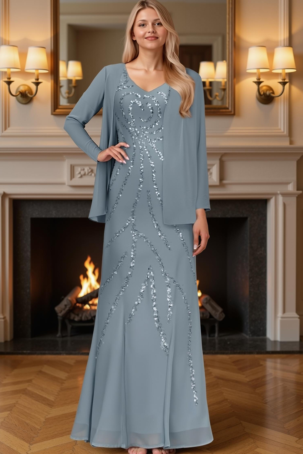 Sparkly Sage Green Sequins 2 Piece Floor-Length Mother of the Bride Dress with Jacket