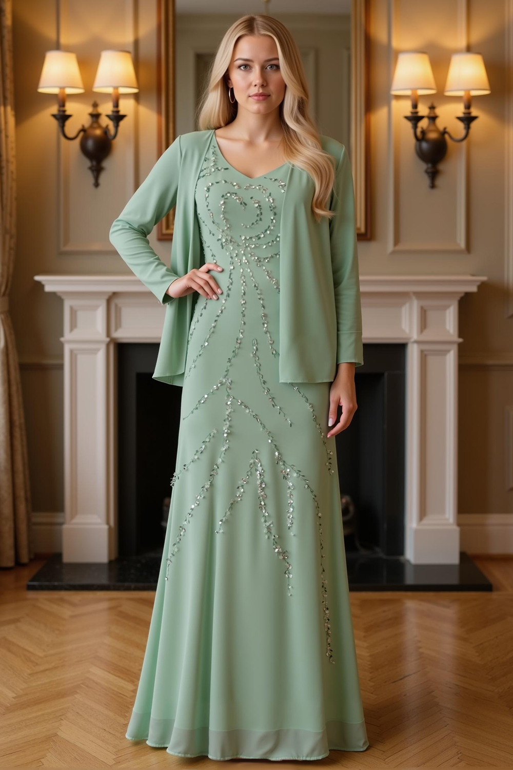 Sparkly Sage Green Sequins 2 Piece Floor-Length Mother of the Bride Dress with Jacket