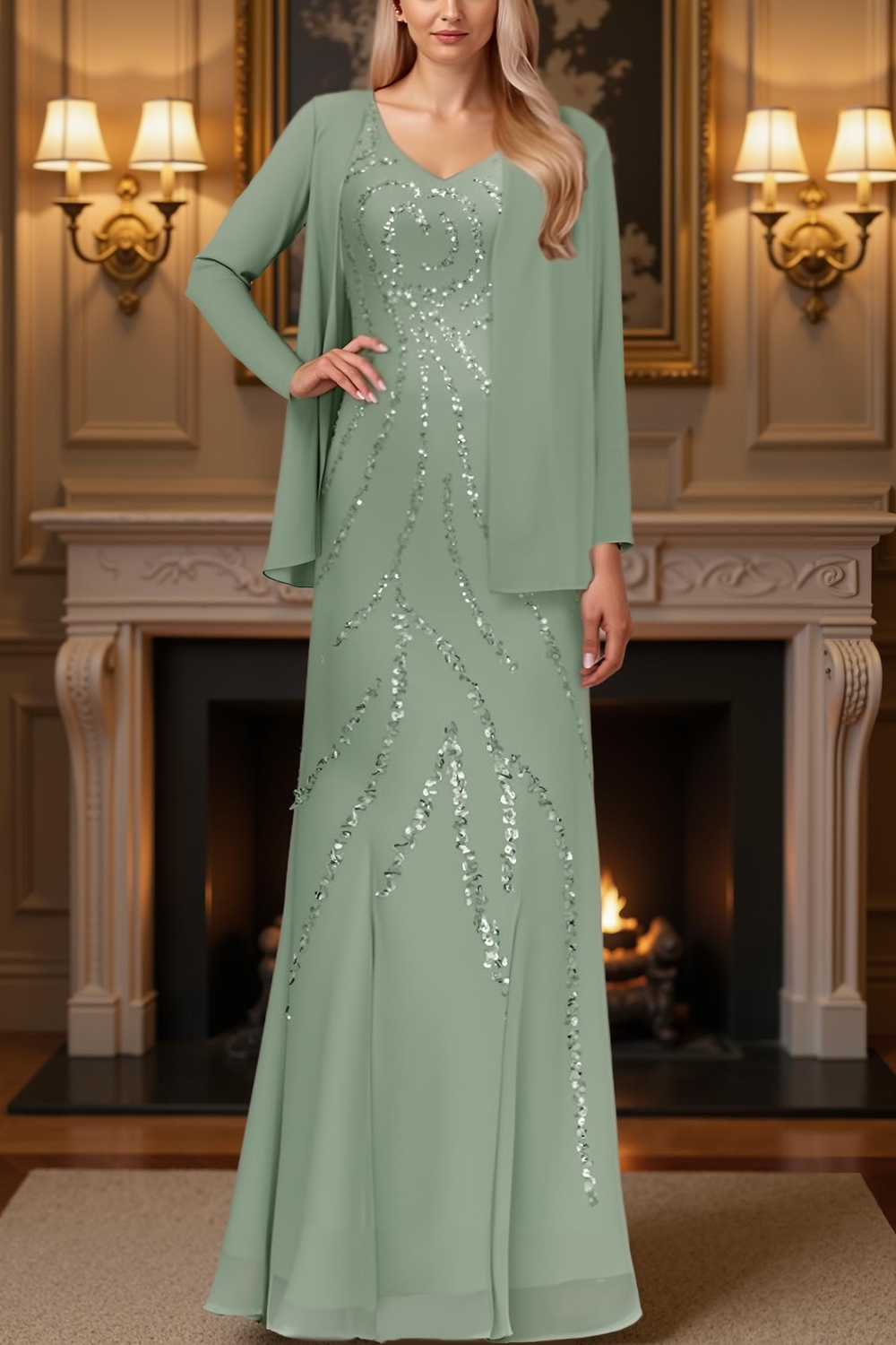 Sparkly Sage Green Sequins 2 Piece Floor-Length Mother of the Bride Dress with Jacket