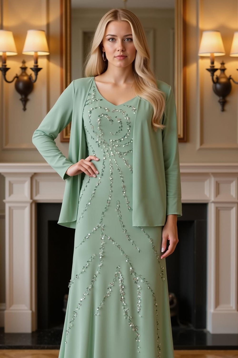 Sparkly Sage Green Sequins 2 Piece Floor-Length Mother of the Bride Dress with Jacket