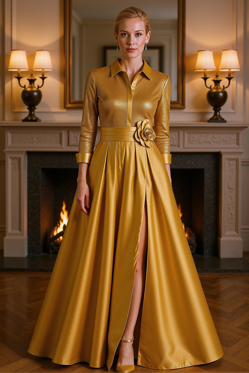 Black Satin Floral A Line Floor-Length Mother of the Bride Dress with Slit