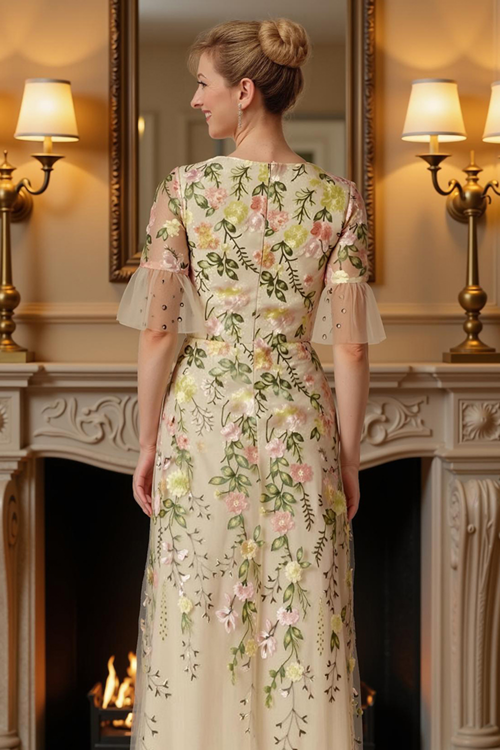 Champagne Flower V-Neck A Line Ankle-Length Mother of the Bride Dress