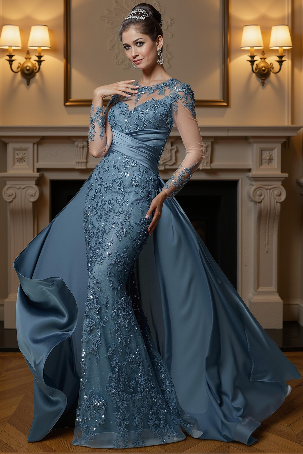Dusty Blue Mermaid Lace Floor-Length Mother of the Bride Dress with Cape