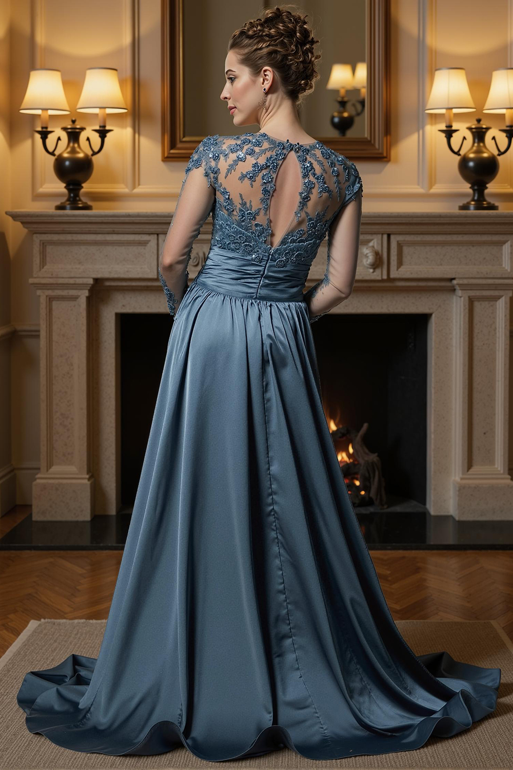 Dusty Blue Mermaid Lace Floor-Length Mother of the Bride Dress with Cape