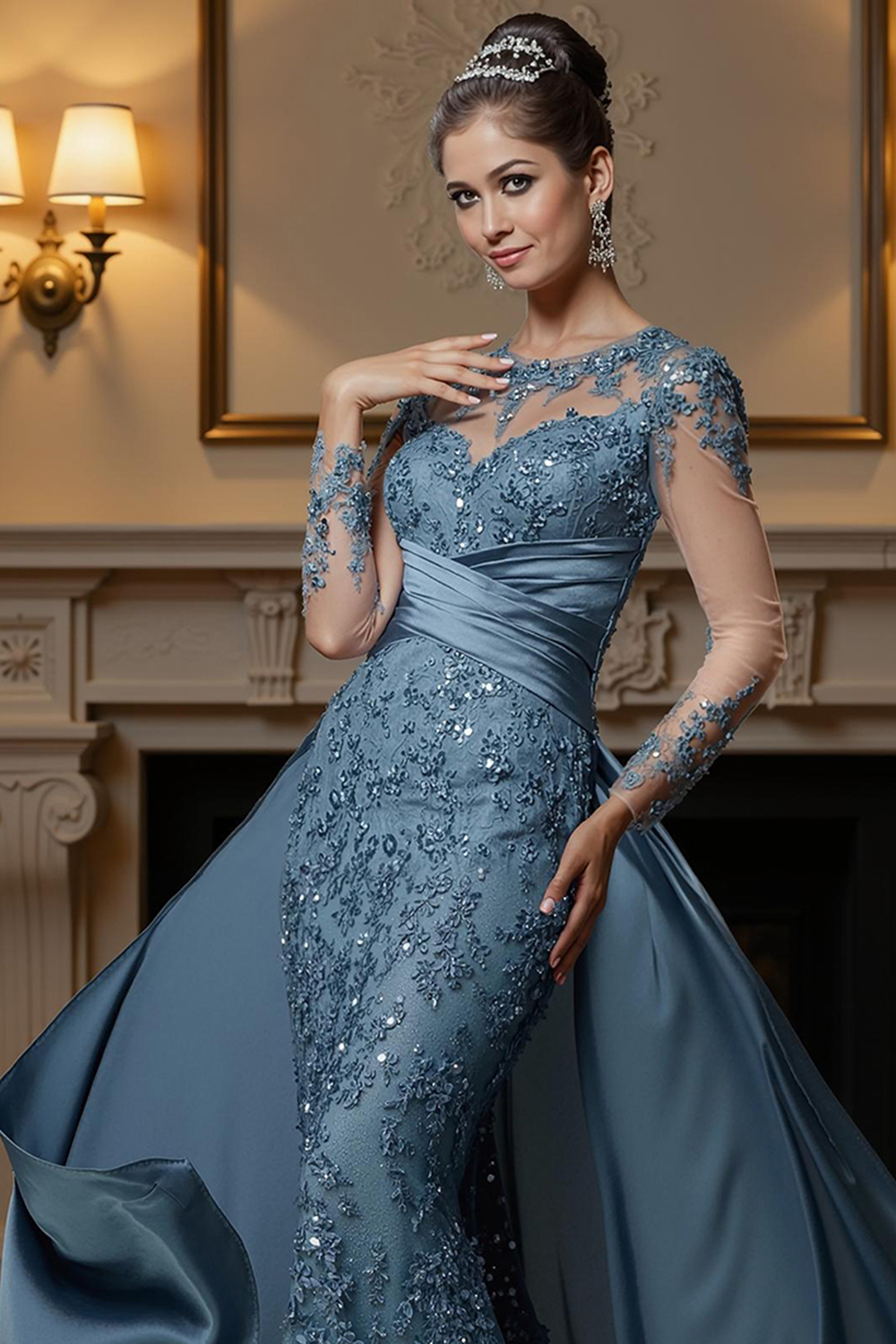 Dusty Blue Mermaid Lace Floor-Length Mother of the Bride Dress with Cape