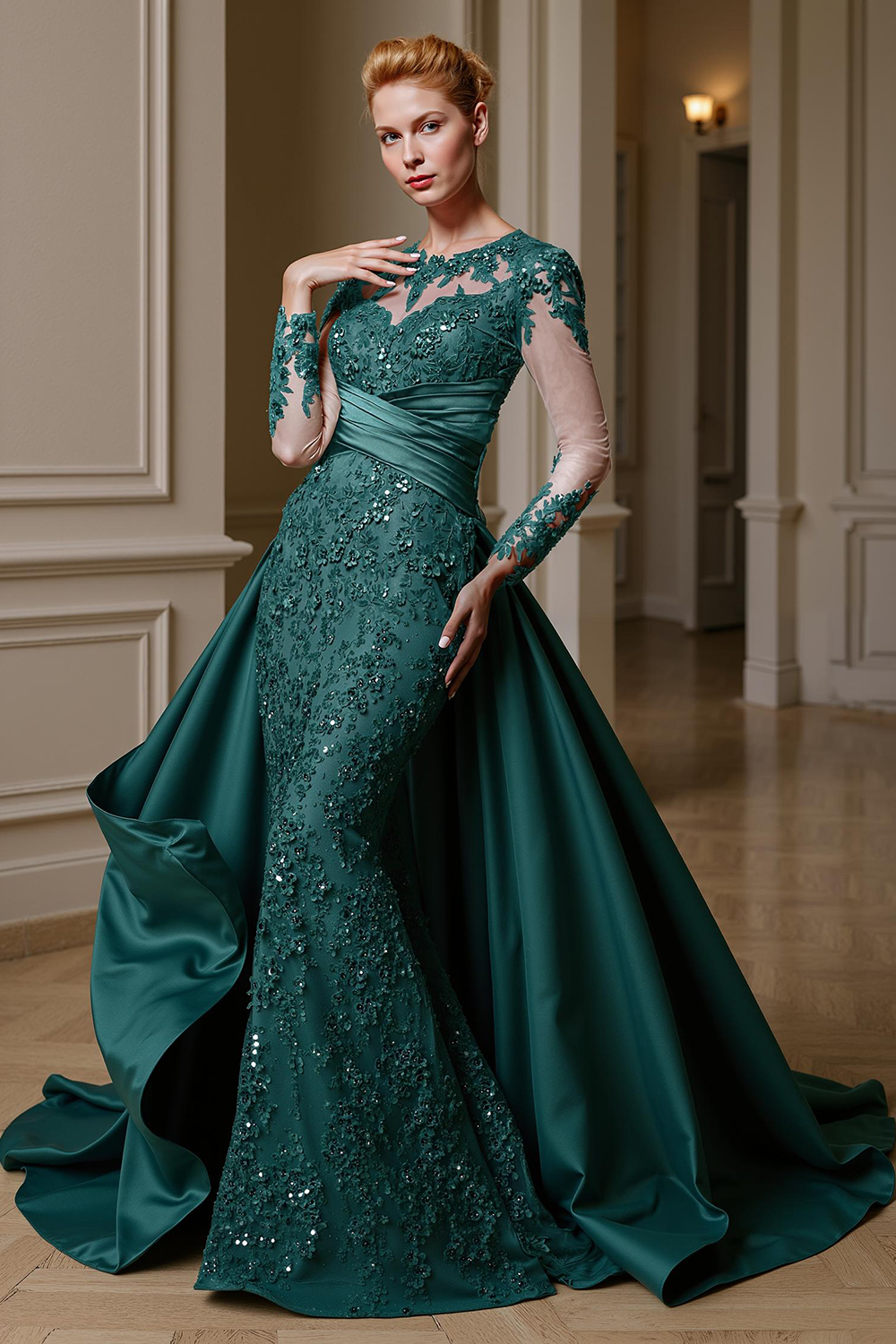 Dusty Blue Mermaid Lace Floor-Length Mother of the Bride Dress with Cape