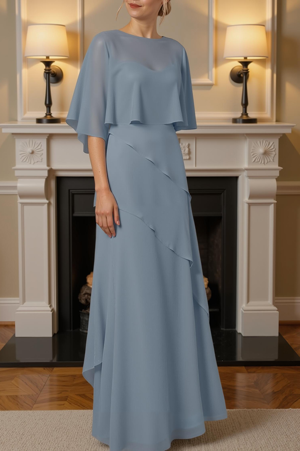Sage Green Tiered Sheath Floor-Length Mother of the Bride Dress with Cape