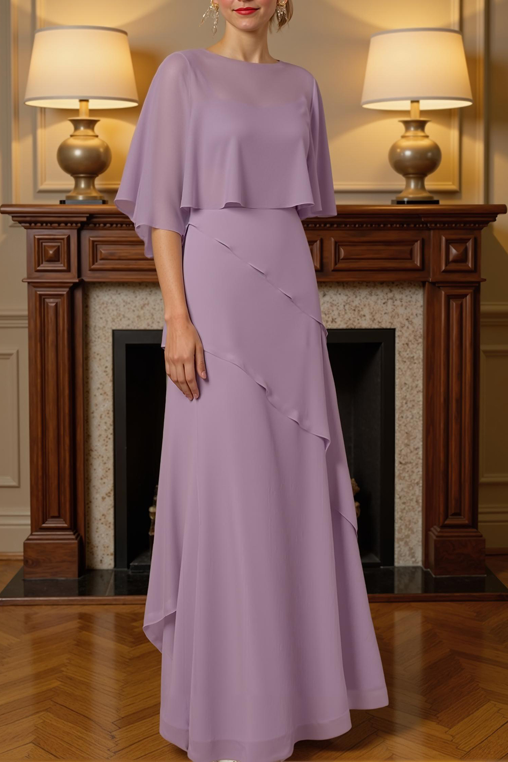 Sage Green Tiered Sheath Floor-Length Mother of the Bride Dress with Cape