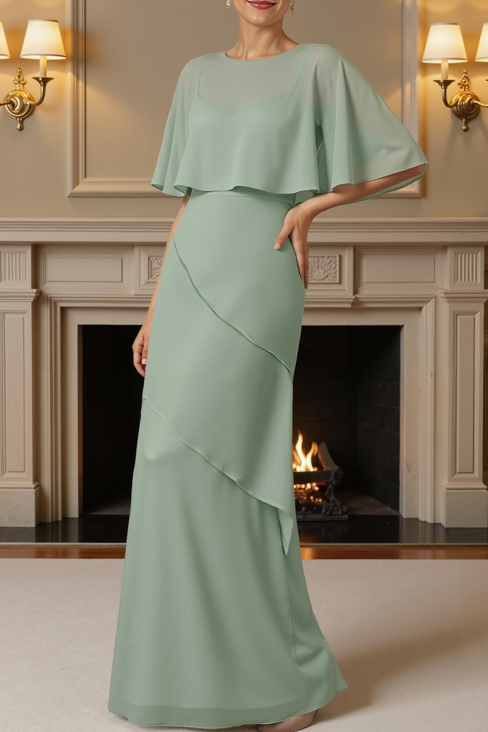 Sage Green Tiered Sheath Floor-Length Mother of the Bride Dress with Cape