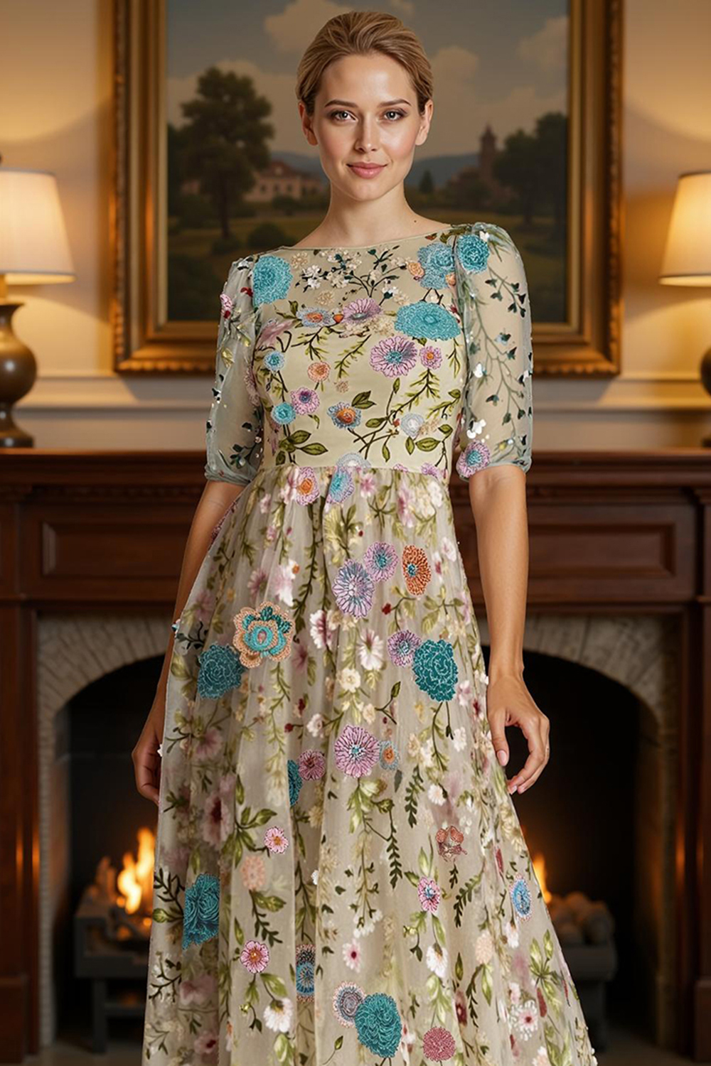 Blue Flower Lace A Line Bateau Neck Floor-Length Mother of the Bride Dress