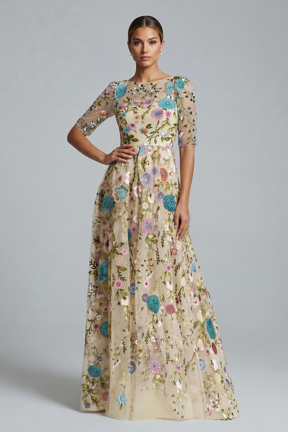 Blue Flower A Line Bateau Neck Floor-Length Mother of the Bride Dress with Embroidery