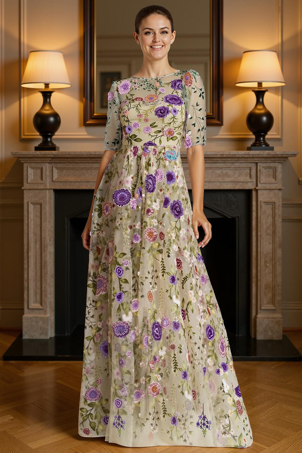 Blue Flower Lace A Line Bateau Neck Floor-Length Mother of the Bride Dress