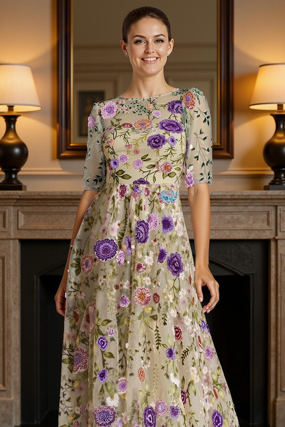 Blue Flower Lace A Line Bateau Neck Floor-Length Mother of the Bride Dress