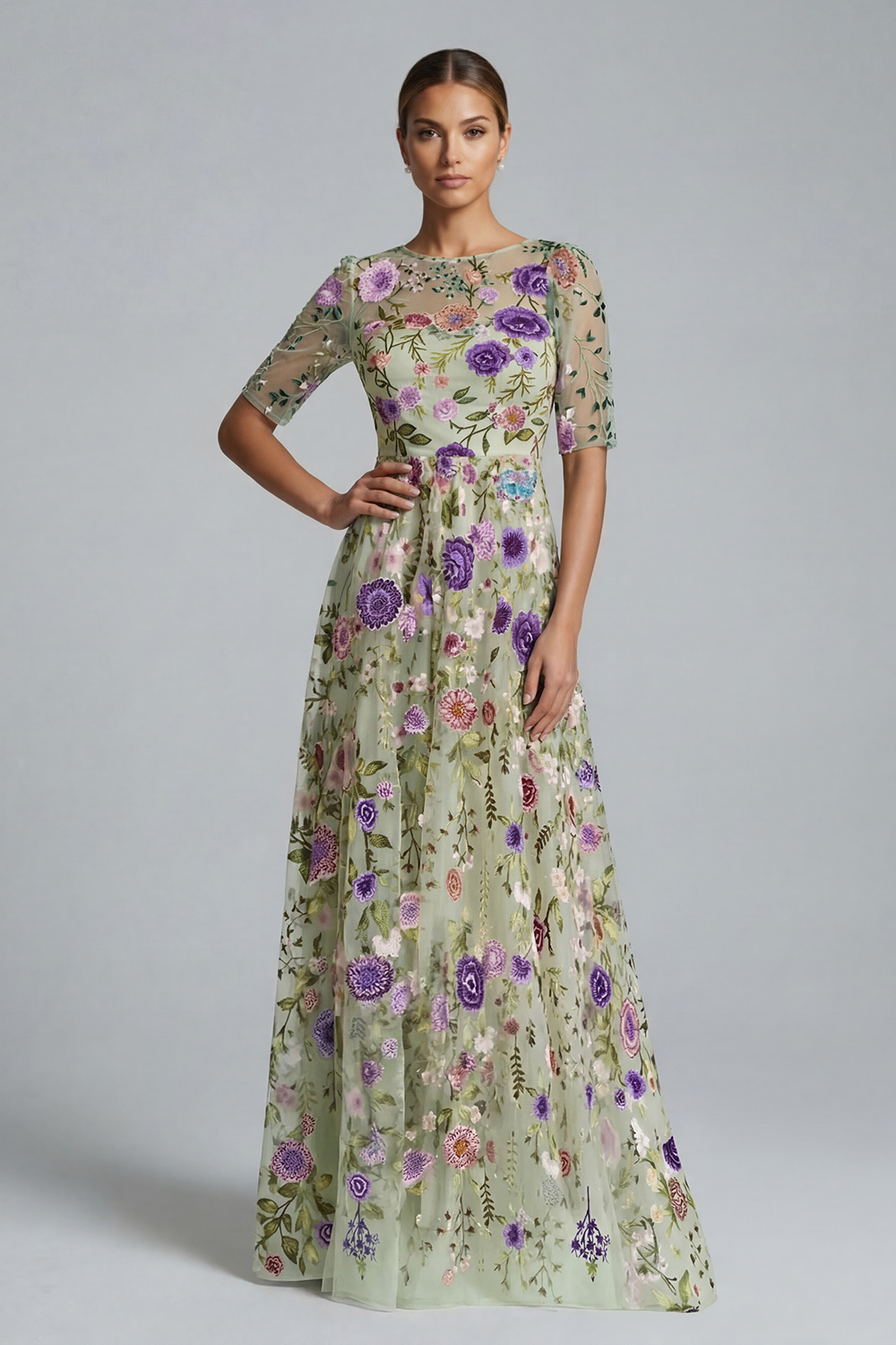 Blue Flower A Line Bateau Neck Floor-Length Mother of the Bride Dress with Embroidery