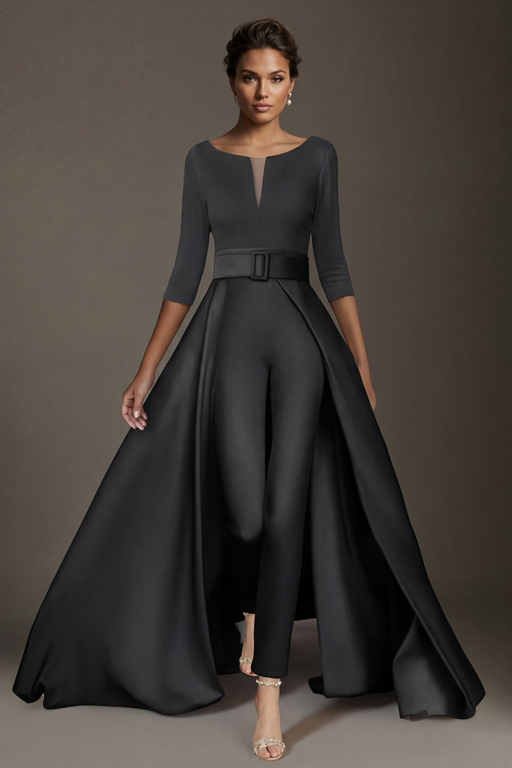 White Boat Neck Floor-Length Mother of the Bride Jumpsuits with Cape