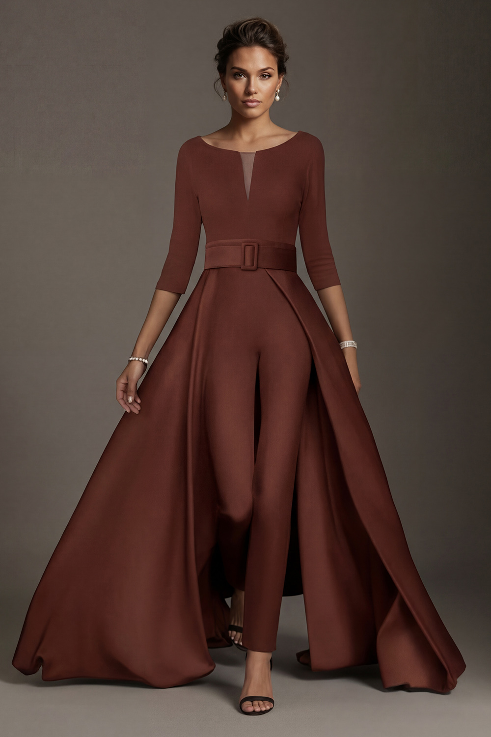 White Boat Neck Floor-Length Mother of the Bride Jumpsuits with Cape