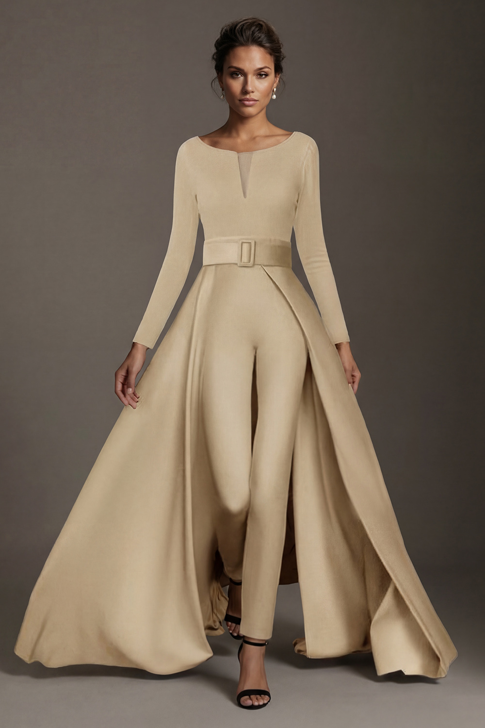 White Boat Neck Floor-Length Mother of the Bride Jumpsuits with Cape