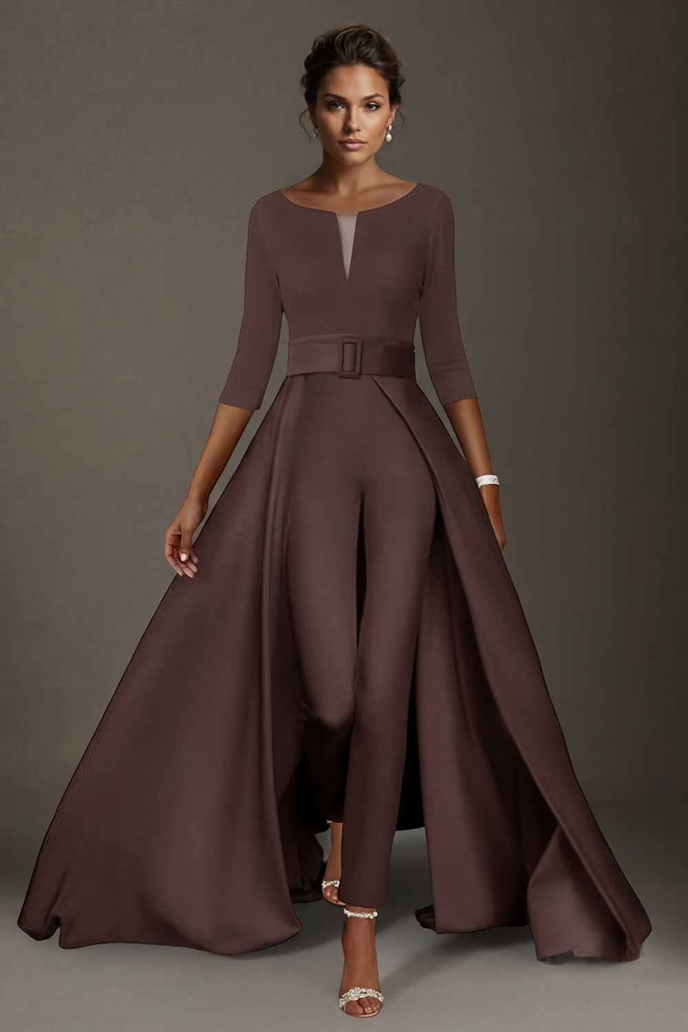 White Boat Neck Floor-Length Mother of the Bride Jumpsuits with Cape