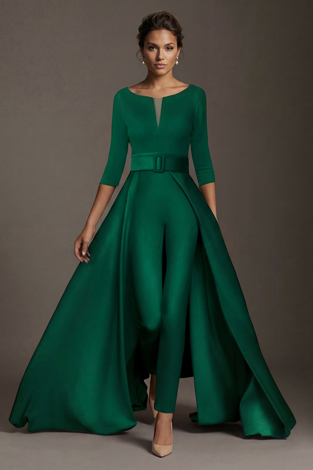 White Boat Neck Floor-Length Mother of the Bride Jumpsuits with Cape