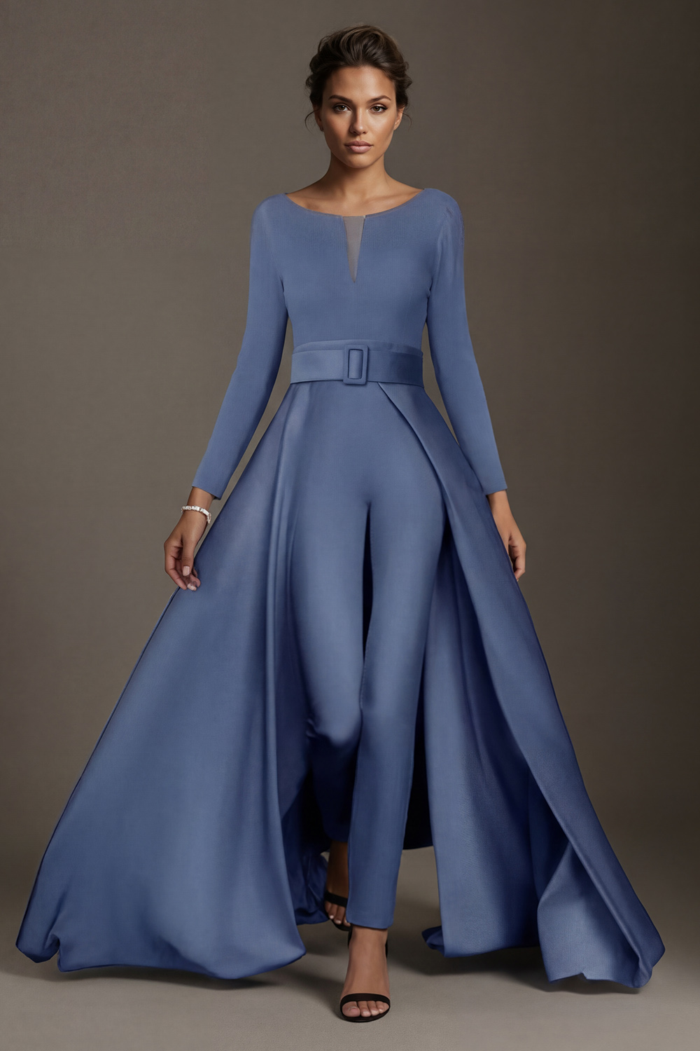 White Boat Neck Floor-Length Mother of the Bride Jumpsuits with Cape