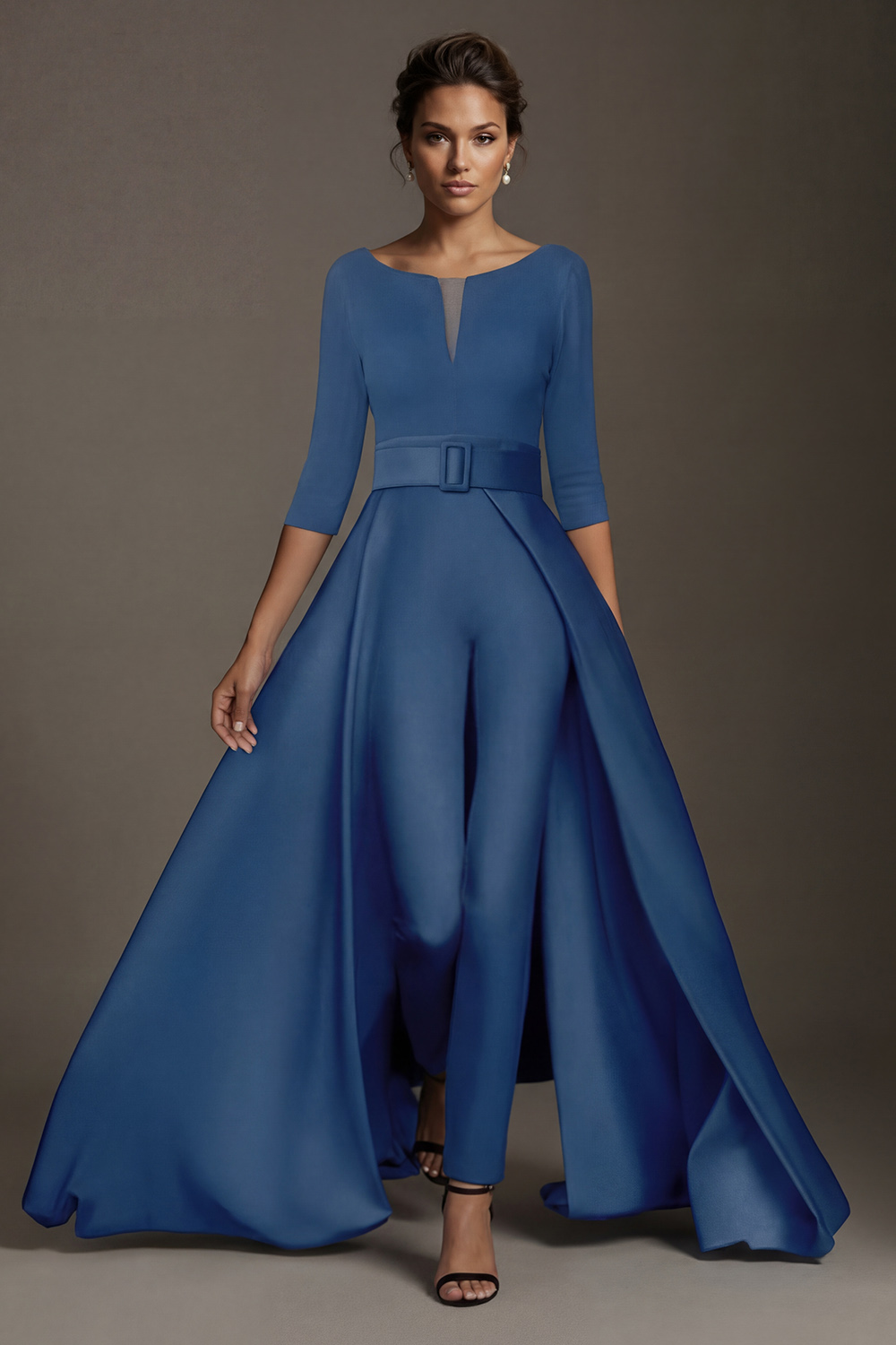 White Boat Neck Floor-Length Mother of the Bride Jumpsuits with Cape