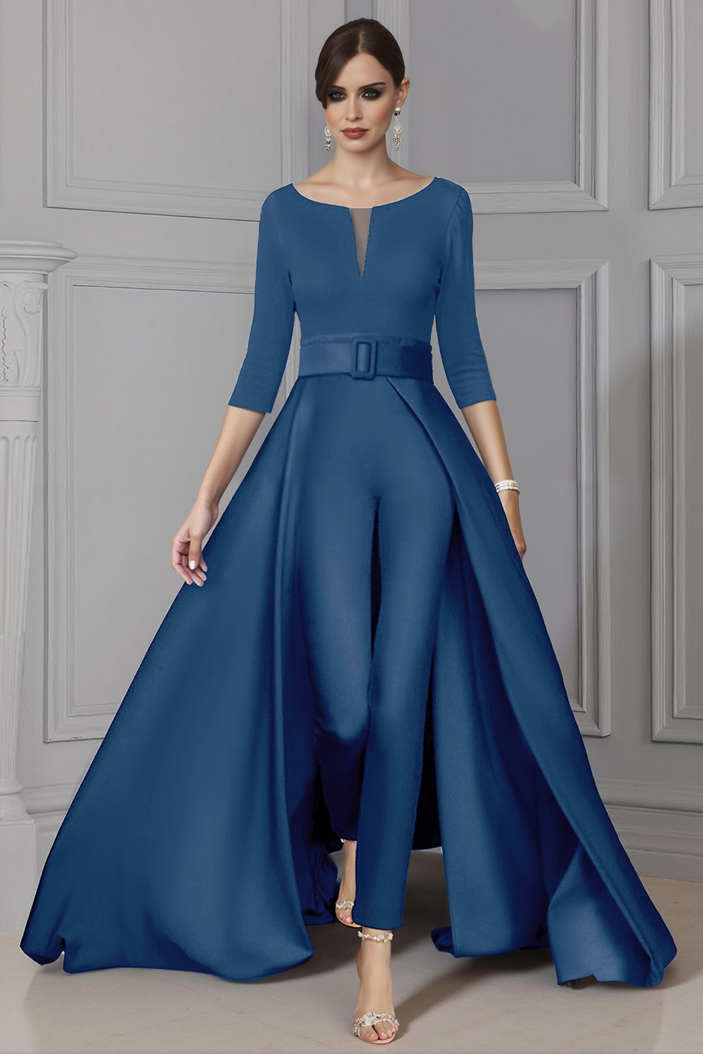 Navy Boat Neck Floor-Length Mother of the Bride Jumpsuits with Cape