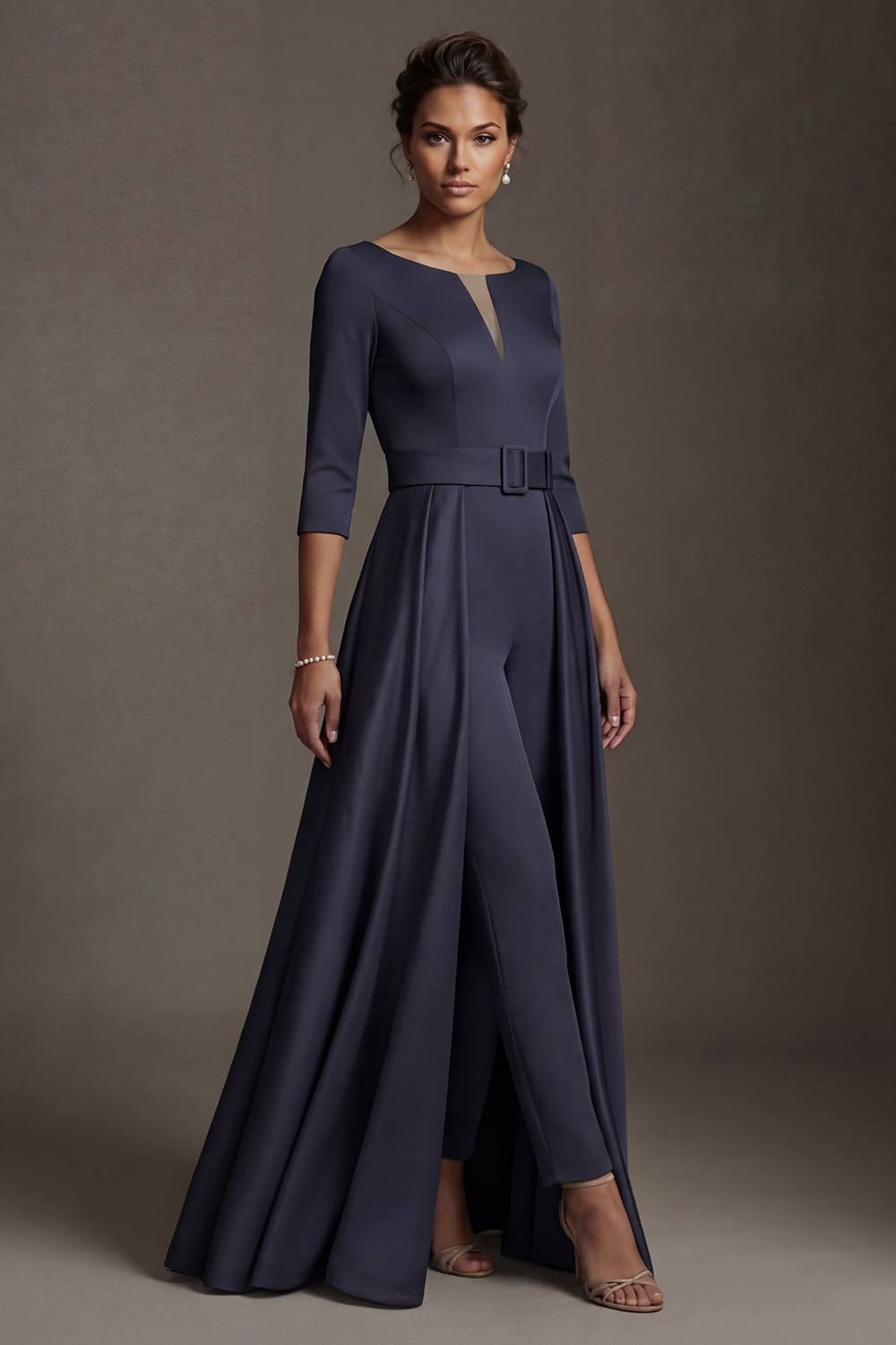 White Boat Neck Floor-Length Mother of the Bride Jumpsuits with Cape