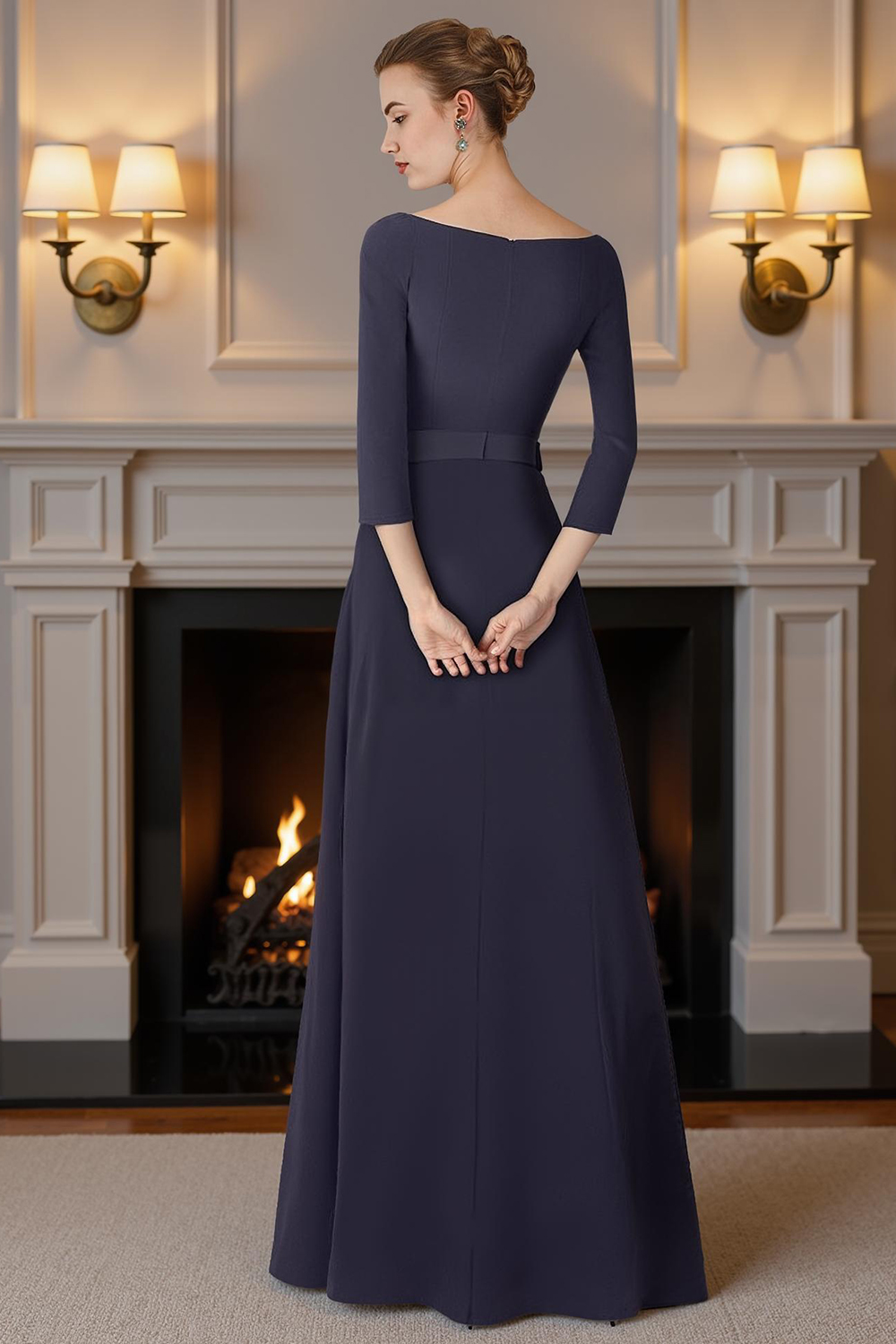 Navy Boat Neck Floor-Length Mother of the Bride Jumpsuits with Cape