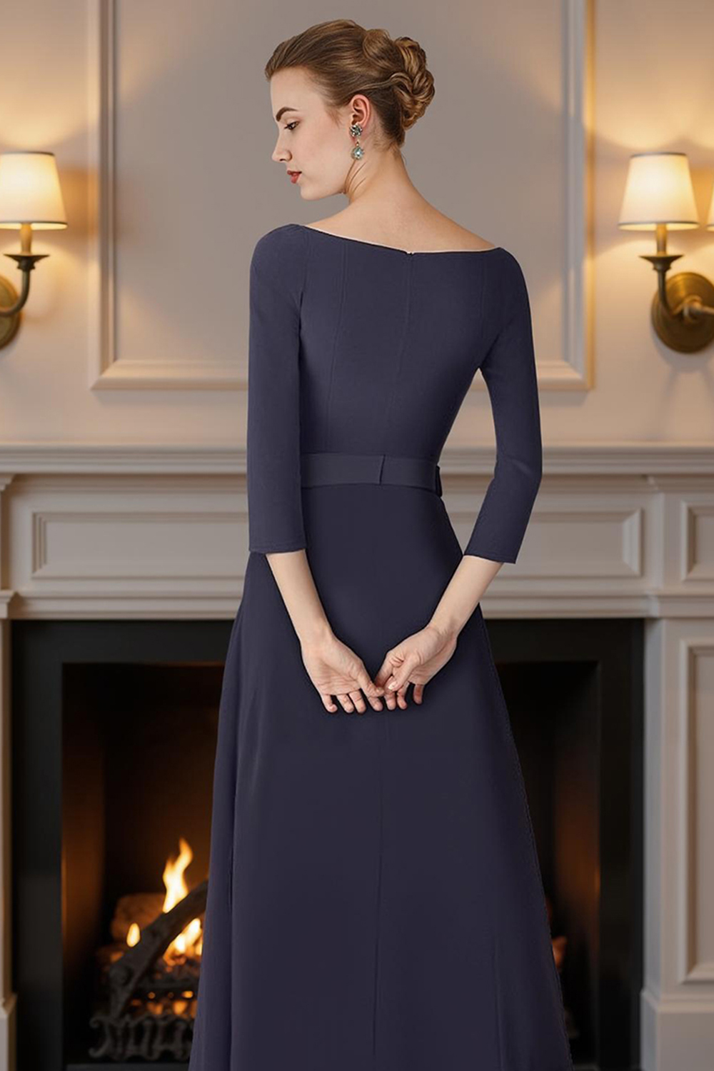 Navy Boat Neck Floor-Length Mother of the Bride Jumpsuits with Cape