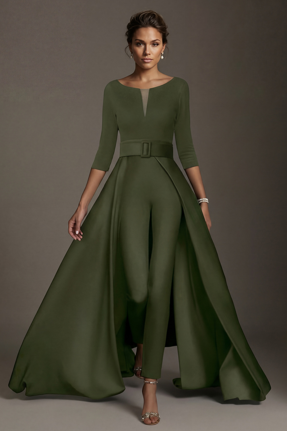 White Boat Neck Floor-Length Mother of the Bride Jumpsuits with Cape